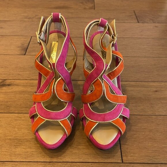 BCBG MaxAzria Kaycee Strappy open toe Suede Platform Sandals 8.5 pink/orange - Picture 9 of 9